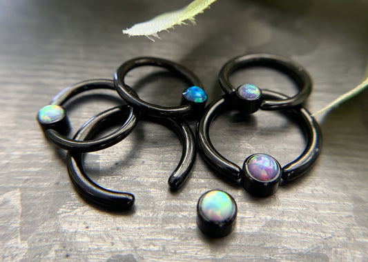 1 Piece Stunning Black Opal Set Flat-Back Black Plated Segment Septum Ring - 16g or 14g - 8mm or 10mm - White, Purple, Blue Available!