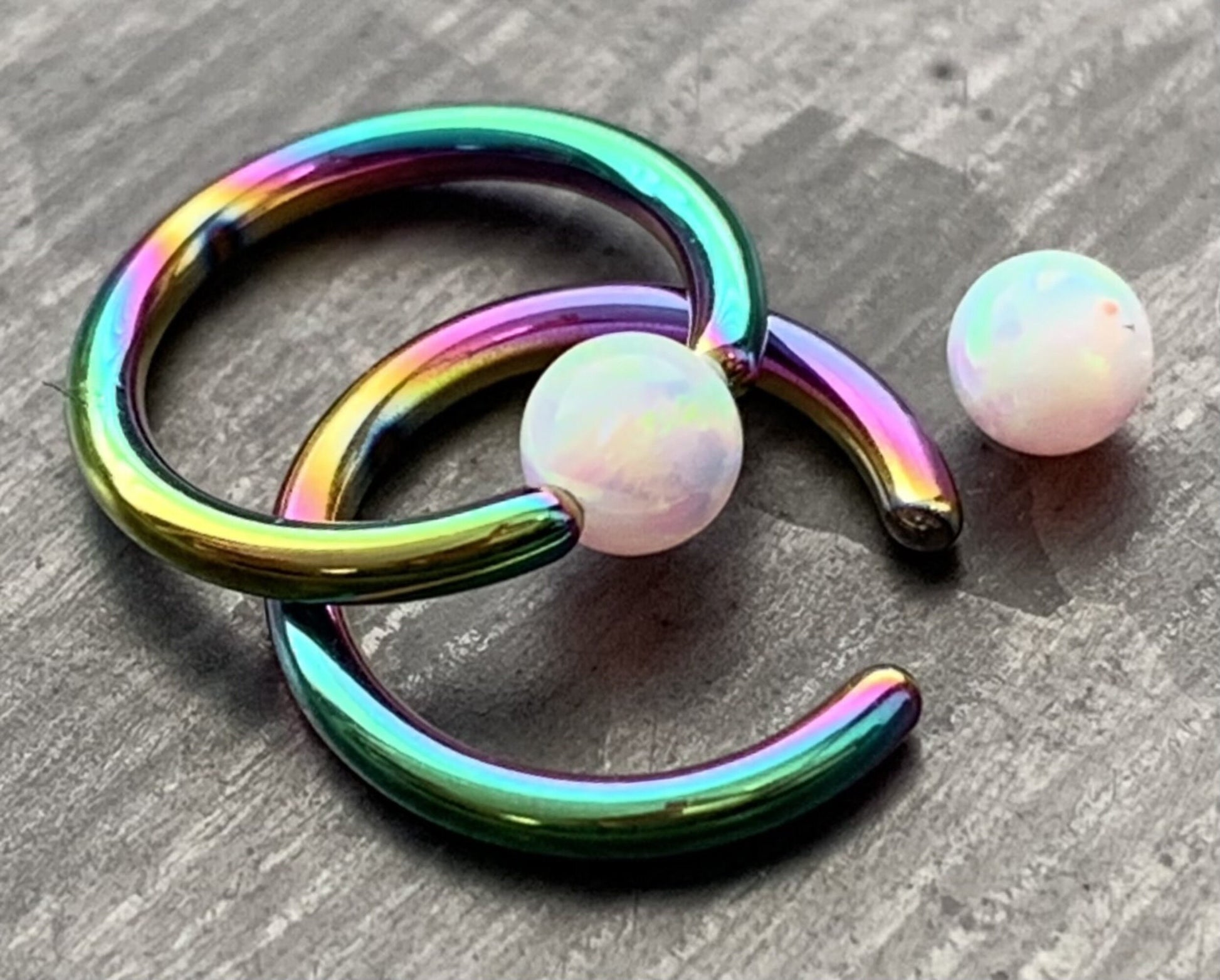 PAIR of Beautiful Synthetic Opal Ball Ion Plated Captive Bead Rings - 16g - 5/16" (8mm) - Black, Gold, Rose Gold and Rainbow Available!