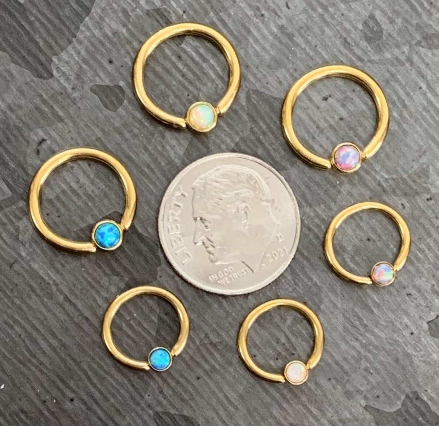 1 Piece Beautiful Gold Opal Set Flat-Back Black Plated Segment Septum Ring - 16g or 14g - 8mm or 10mm - White, Purple, Blue Available!