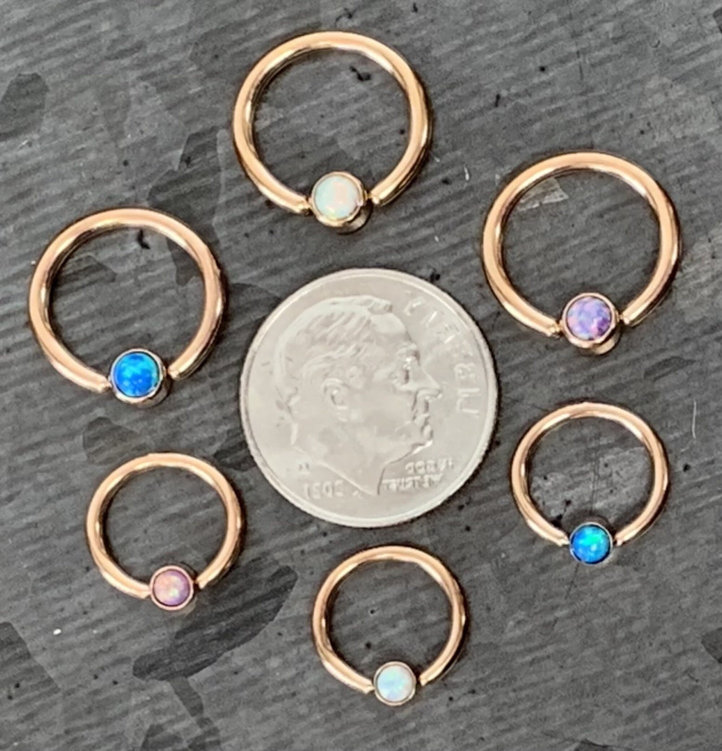 1 Piece Stunning Rose Gold Opal Set Flat-Back Black Plated Segment Septum Ring - 16g or 14g - 8mm or 10mm - White, Purple, Blue Available!