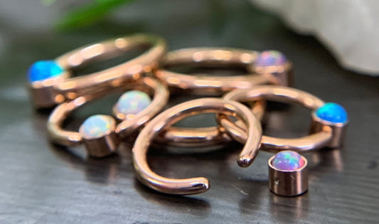 1 Piece Stunning Rose Gold Opal Set Flat-Back Black Plated Segment Septum Ring - 16g or 14g - 8mm or 10mm - White, Purple, Blue Available!