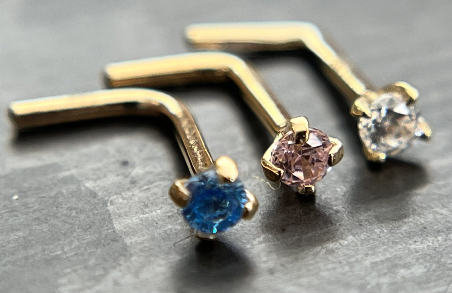 1 Piece Brilliant 14kt Yellow or White Gold L-Bend Nose Ring/ Stud with Round CZ Gem - 20g - Aqua, Clear and Pink Available!