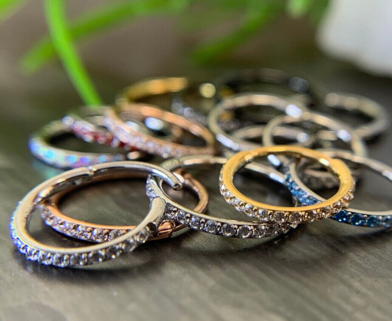 1 Piece Titanium Paved Outer CZ Gems Hinged Segment Ring - 16g - Aqua, Black, Clear, Gold, Pink, Red, Rose Gold Available!