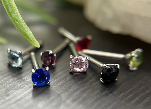 1 Beautiful Prong Set CZ Round Gem Nose Stud / Bone 316L Surgical Steel Ring - 20g or 18g - 8 Different Colors Available!