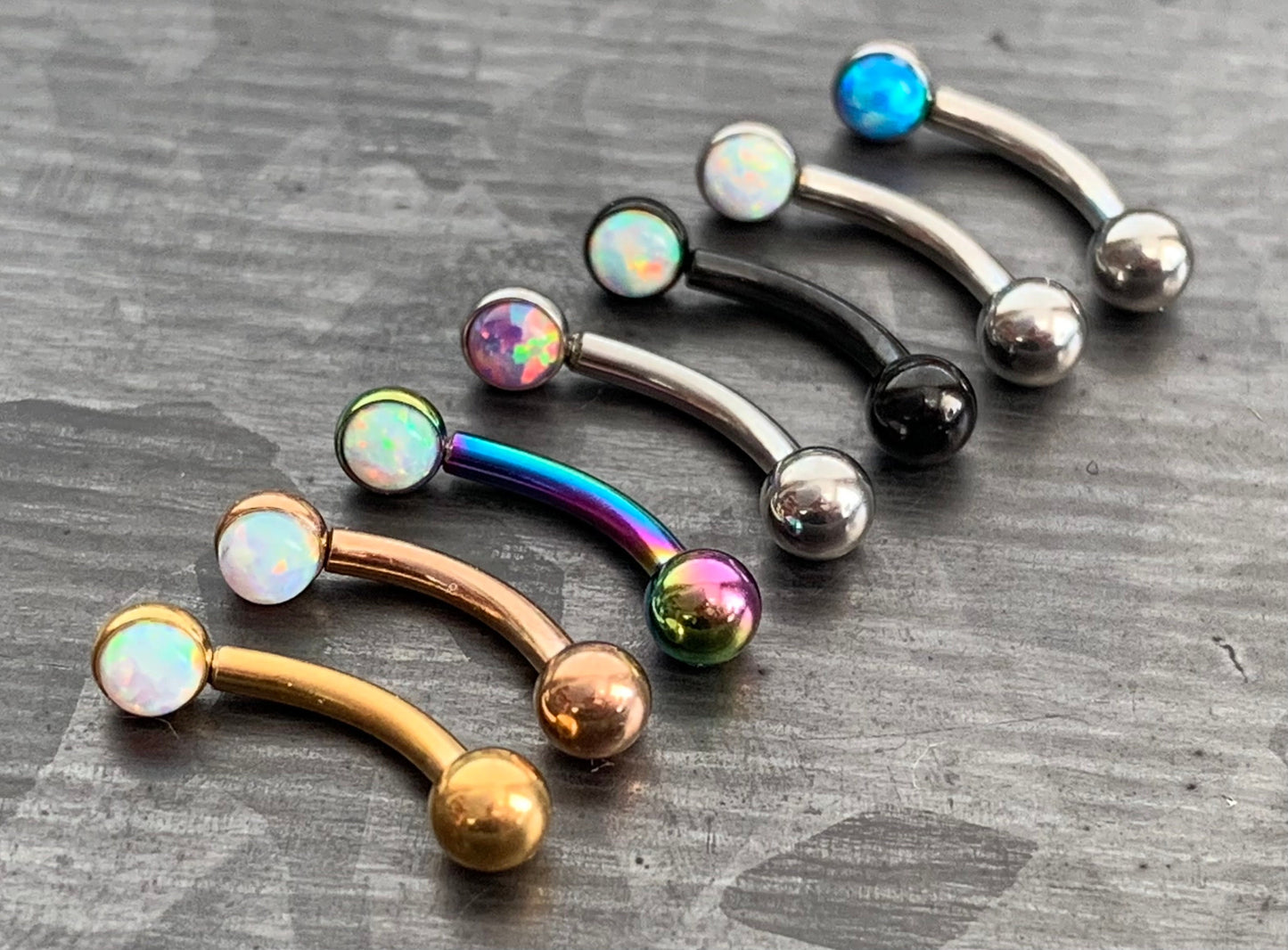 1 Piece Stunning Flat Back Set 3mm Opal Curved Barbell Eyebrow Ring - 16g - Blue, Purple, White, Gold, Rose Gold and Multi-Color Available!
