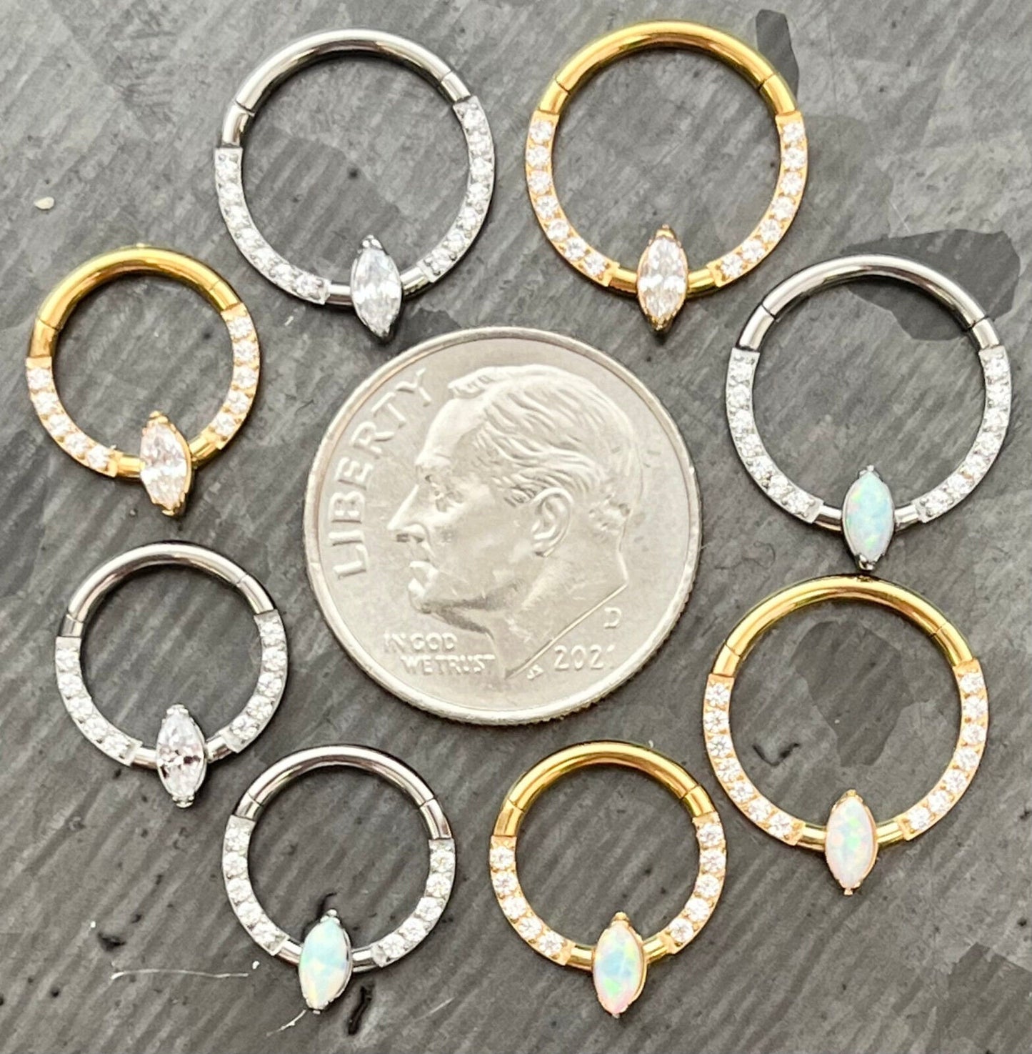 1 Piece Solid Titanium Marquise Hinged Segment Septum Ring - CZ Gem or Opal - 16g, Diameter 10mm or 8mm available!