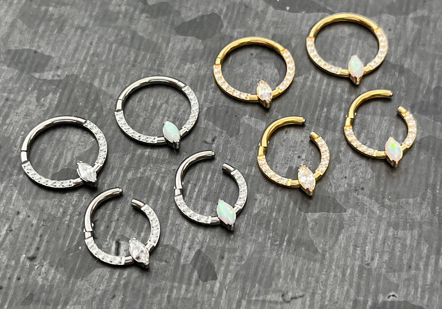 1 Piece Solid Titanium Marquise Hinged Segment Septum Ring - CZ Gem or Opal - 16g, Diameter 10mm or 8mm available!