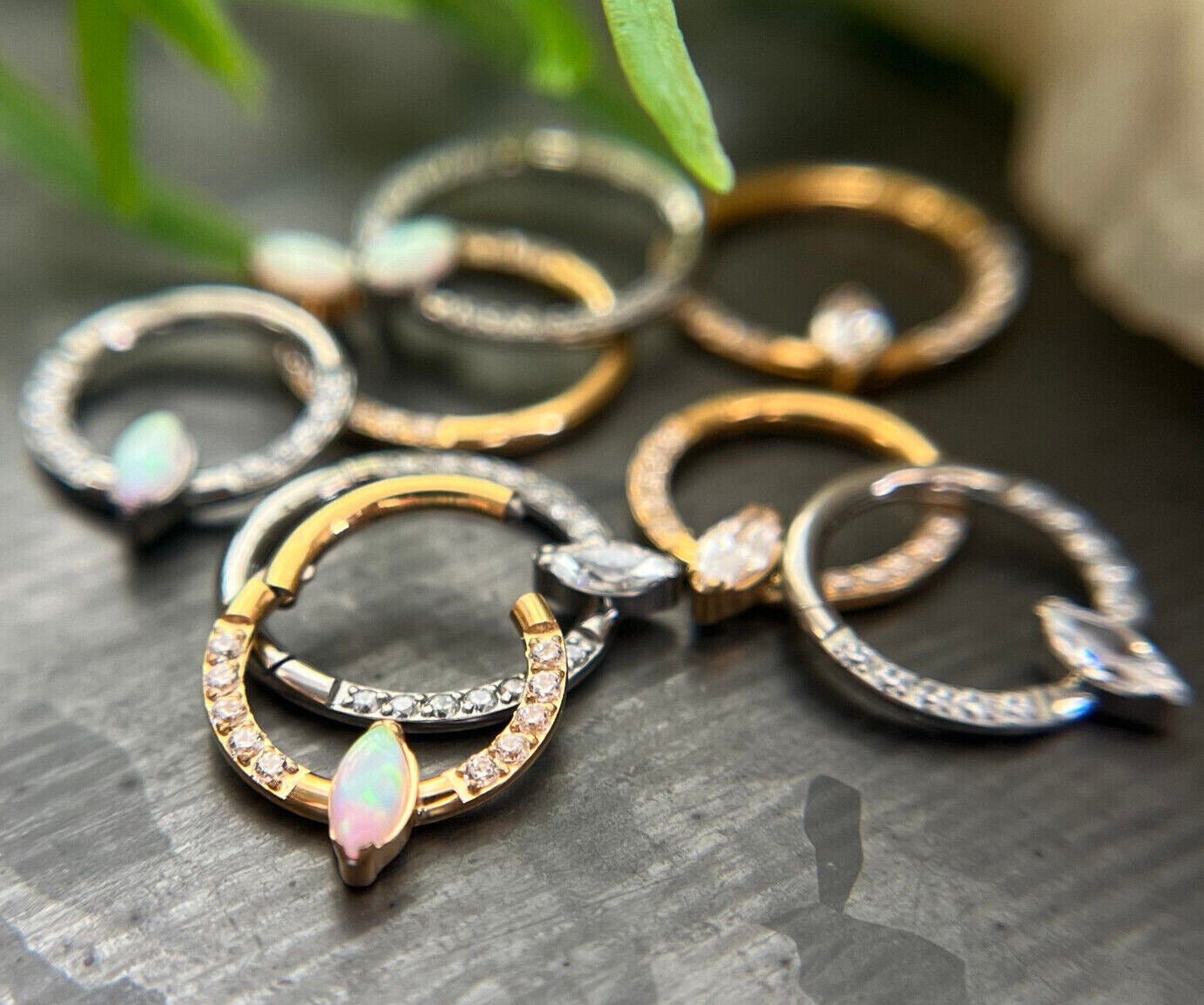 1 Piece Solid Titanium Marquise Hinged Segment Septum Ring - CZ Gem or Opal - 16g, Diameter 10mm or 8mm available!