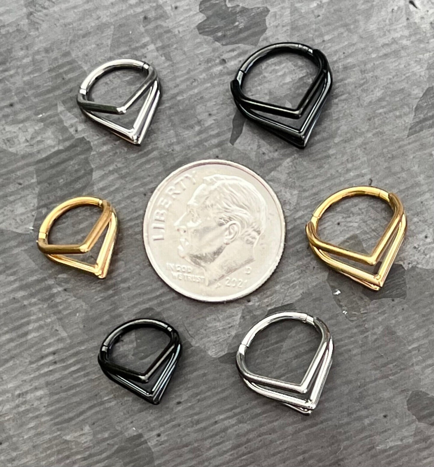 1 Piece Solid Titanium Triple Chevron Segment Septum Ring - Black, Gold, or Silver - 16g, Diameter 10mm or 8mm available!