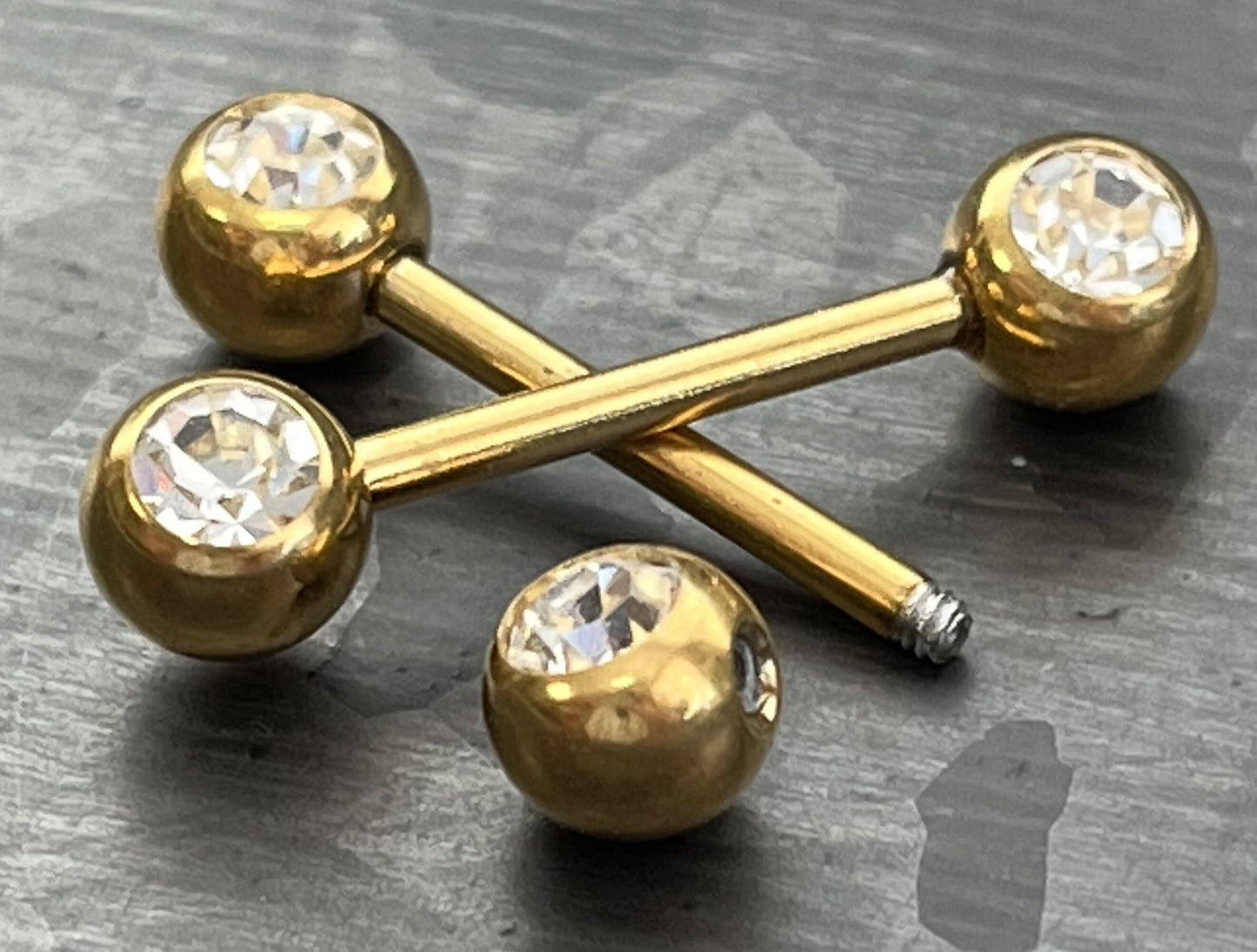 PAIR of Beautiful Titanium Anodized Double Clear CZ Gem Industrial Barbell Nipple Rings - 14g - 8 Different Colors Available!