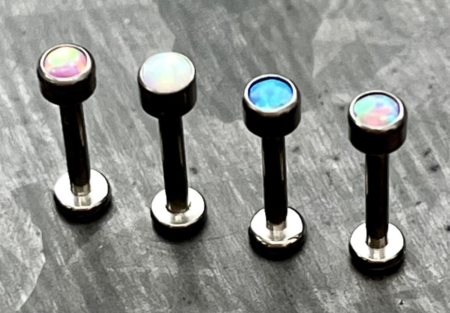1 Piece of Stunning Bezel Set Opal Internally Threaded Solid Titanium Labret Stud Lip Ring - 16g - Blue, Pink, Purple and White Available!