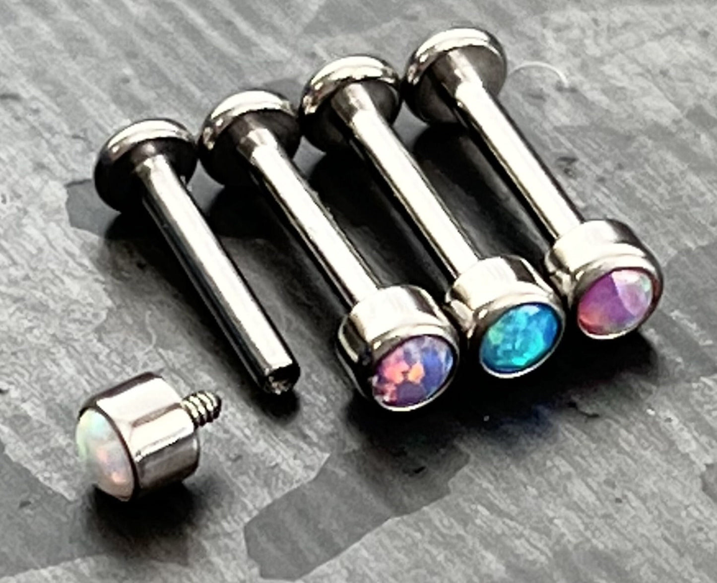 1 Piece of Stunning Bezel Set Opal Internally Threaded Solid Titanium Labret Stud Lip Ring - 16g - Blue, Pink, Purple and White Available!