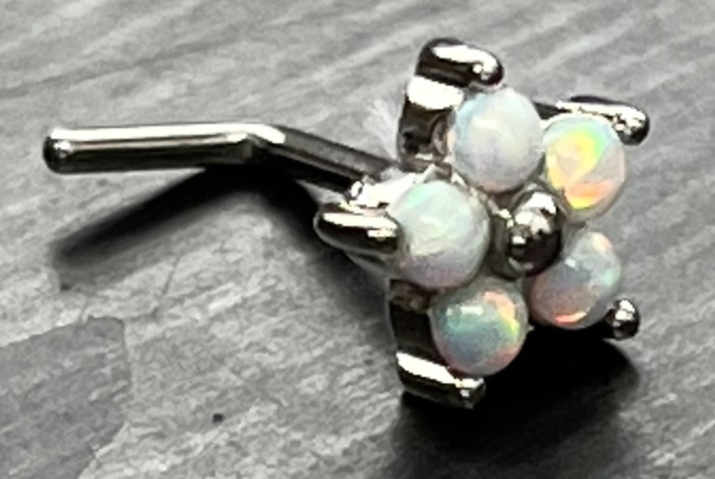 1 Piece Stunning 5 Opal Petals Flower L-Bend 316L Surgical Steel Nose Ring/Stud - 16g - Blue, Purple and White Available!