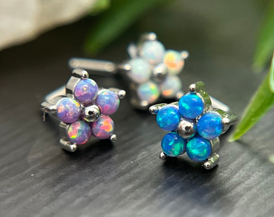 1 Piece Stunning 5 Opal Petals Flower L-Bend 316L Surgical Steel Nose Ring/Stud - 16g - Blue, Purple and White Available!
