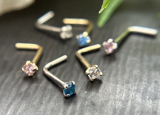1 Piece Brilliant 14kt Yellow or White Gold L-Bend Nose Ring/ Stud with Round CZ Gem - 20g - Aqua, Clear and Pink Available!