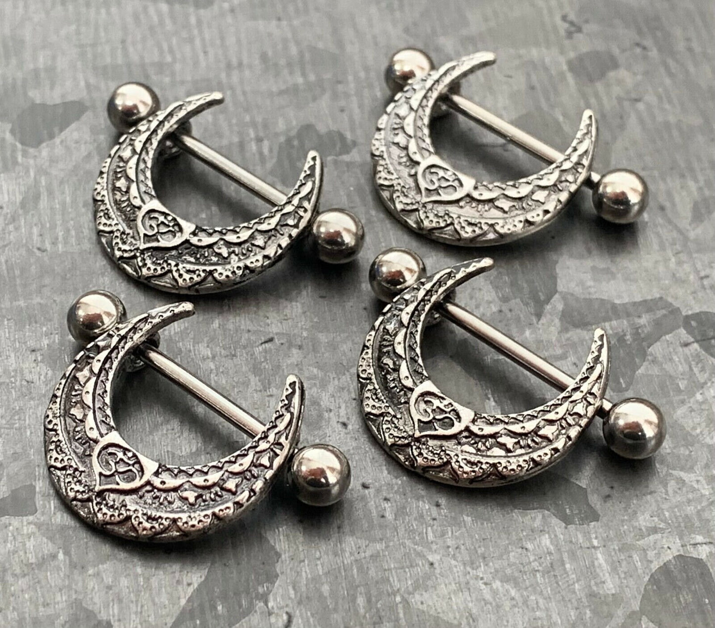 PAIR of Unique Gothic Tribal Design Steel Nipple Barbell Shields - Barbell 14g, 19mm (3/4") - Wearable Length: 14mm (9/16")!