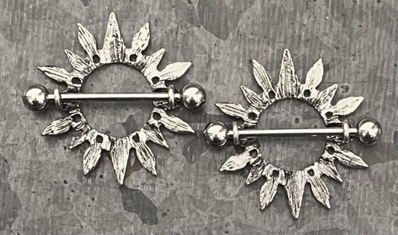 PAIR of Unique Tribal Sunburst Design Steel Nipple Barbell Shields - Barbell 14g, 24mm (1") - Wearable Length: 14mm (9/16")!