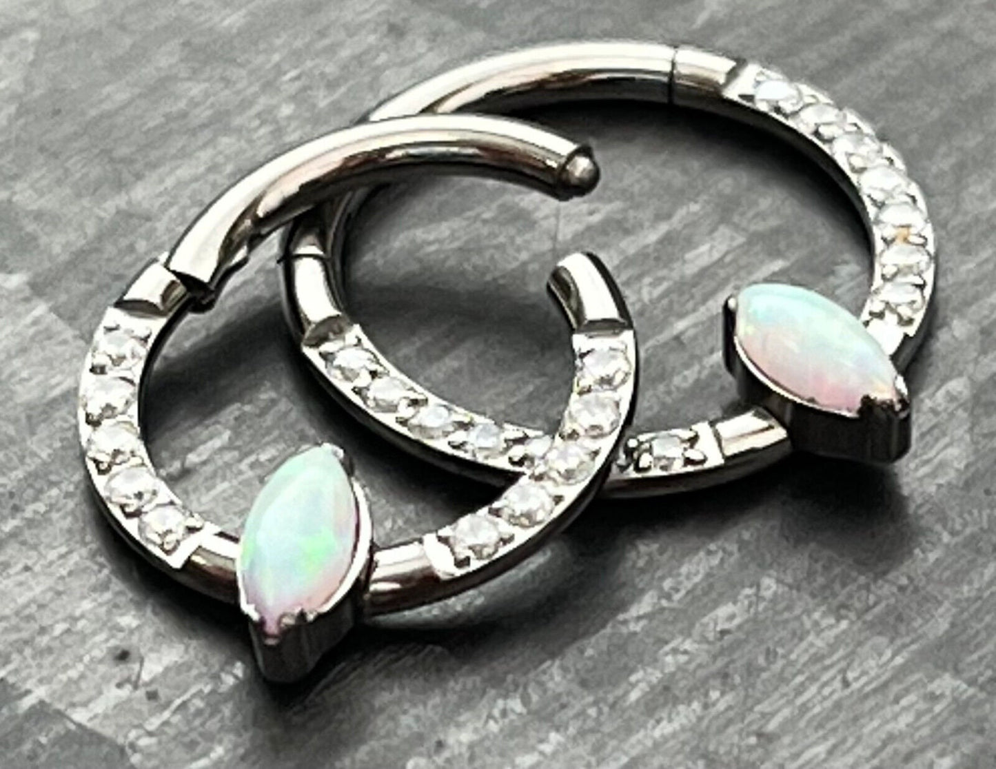 1 Piece Solid Titanium Marquise Hinged Segment Septum Ring - CZ Gem or Opal - 16g, Diameter 10mm or 8mm available!