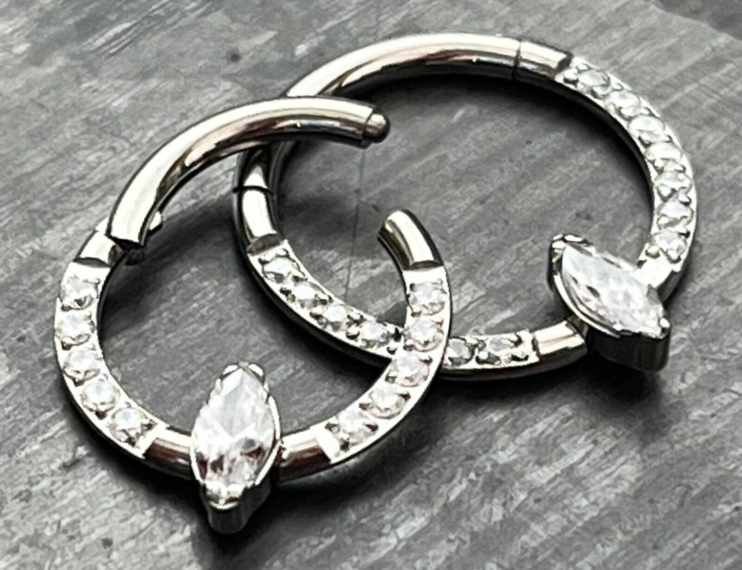 1 Piece Solid Titanium Marquise Hinged Segment Septum Ring - CZ Gem or Opal - 16g, Diameter 10mm or 8mm available!