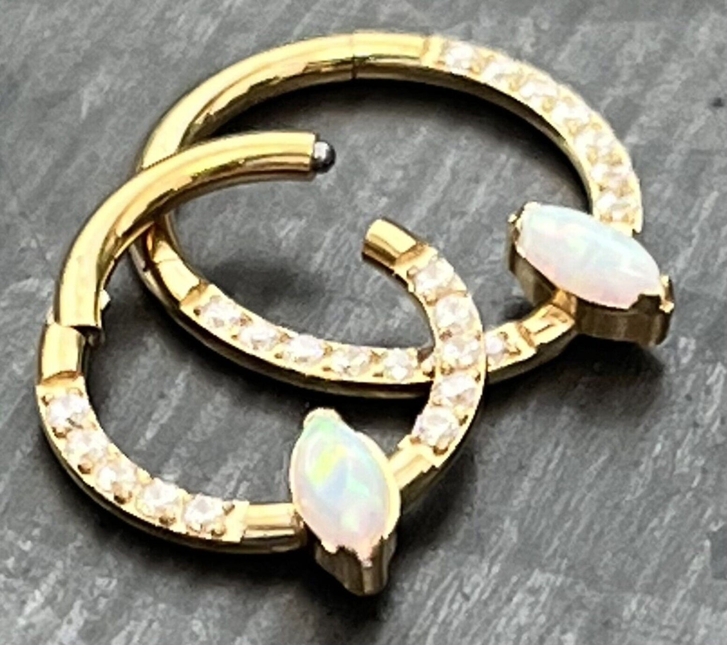 1 Piece Solid Titanium Marquise Hinged Segment Septum Ring - CZ Gem or Opal - 16g, Diameter 10mm or 8mm available!