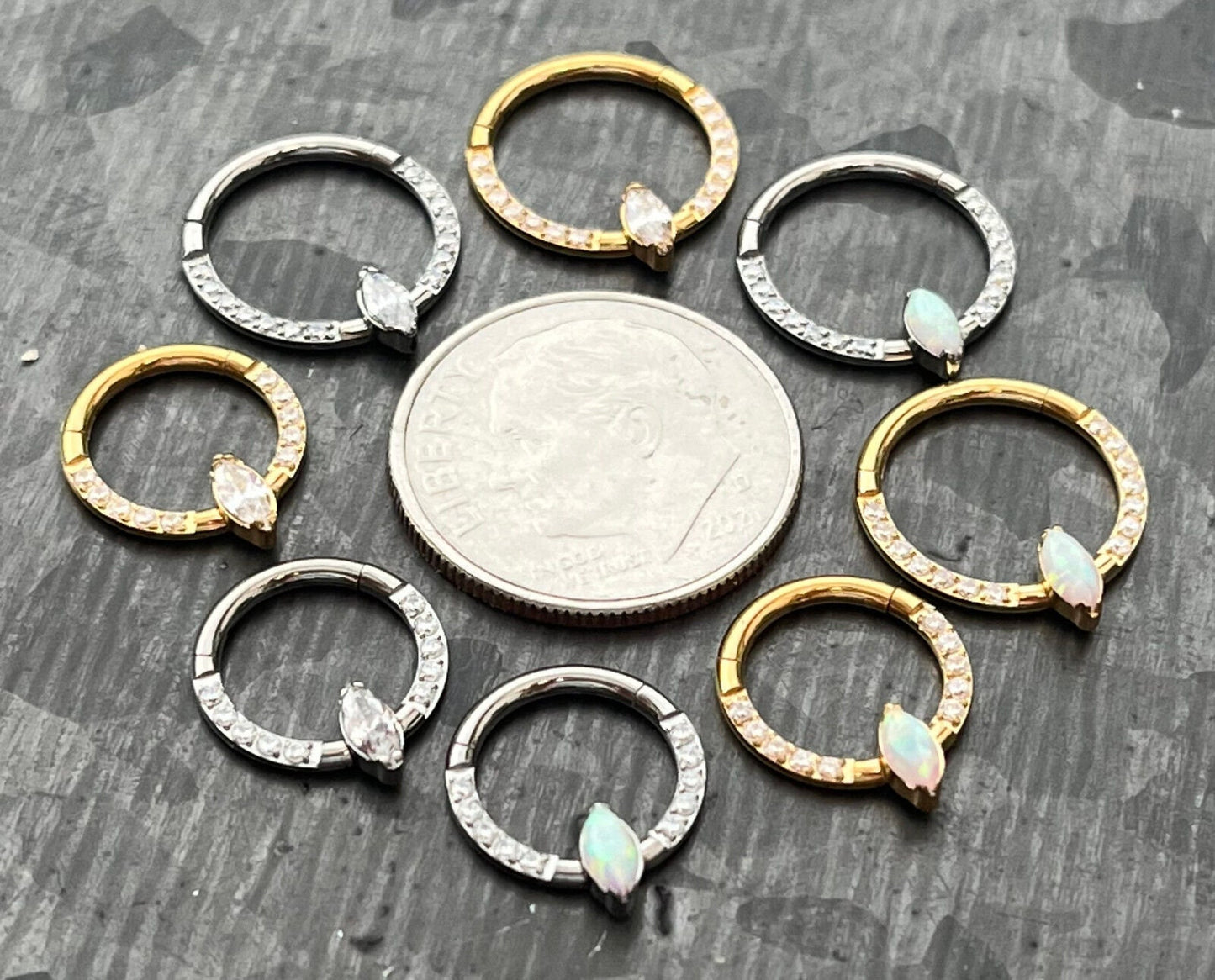 1 Piece Solid Titanium Marquise Hinged Segment Septum Ring - CZ Gem or Opal - 16g, Diameter 10mm or 8mm available!