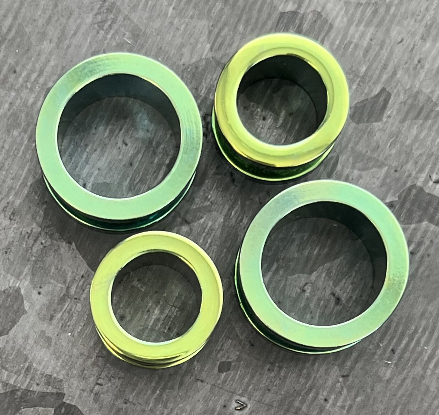 PAIR of Stunning Green PVD Plated 316L Steel Screw Fit Tunnels/Plugs - Gauges 14g (1.6mm) thru 1" (25mm) available!