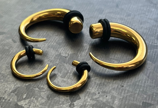 PAIR of Unique Gold Plated 316L Surgical Steel Round Hook Tapers/Expanders with O-Rings - Gauges 8g (3.2mm) thru 0g (8mm) available!