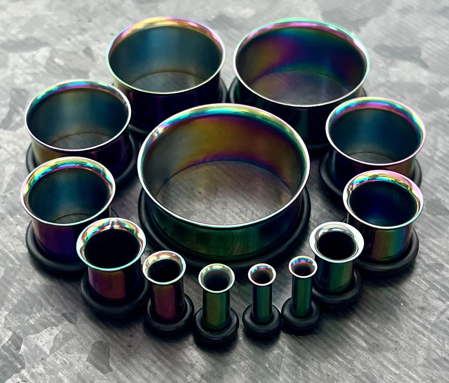 PAIR of Unique Rainbow PVD Plated 316L Surgical Steel Single Flare Tunnels Plugs with O-Rings - Gauges 10g (2.5mm) thru 1" (25mm) available!