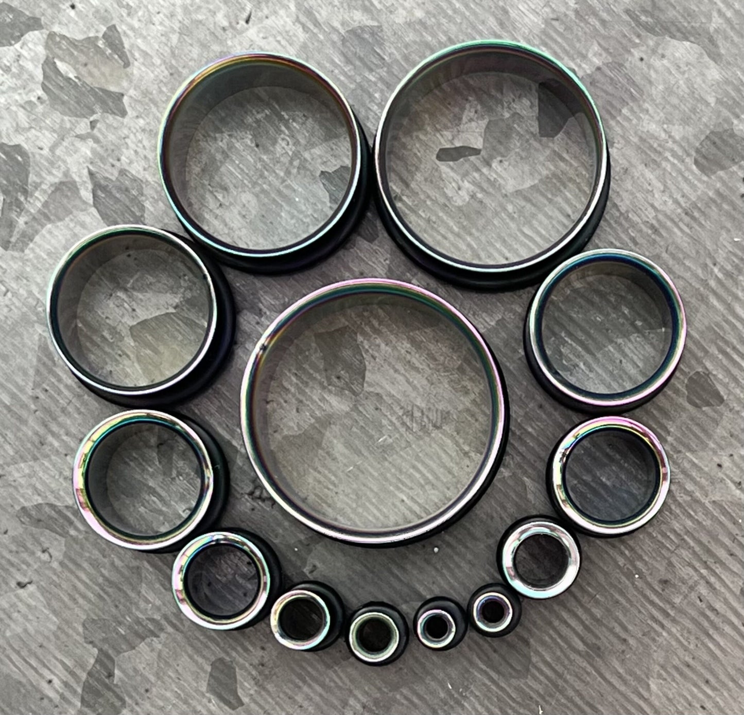 PAIR of Unique Rainbow PVD Plated 316L Surgical Steel Single Flare Tunnels Plugs with O-Rings - Gauges 10g (2.5mm) thru 1" (25mm) available!