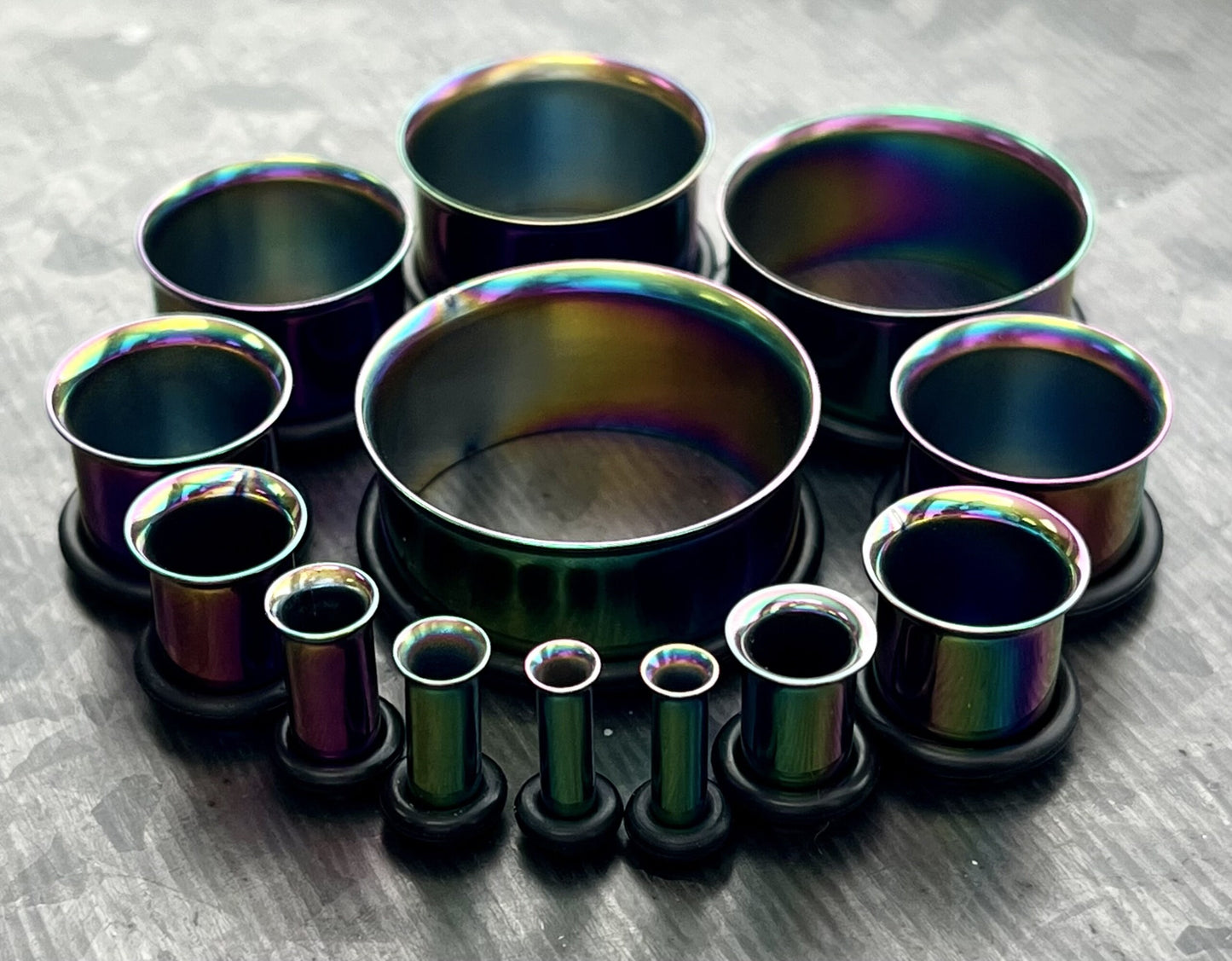 PAIR of Unique Rainbow PVD Plated 316L Surgical Steel Single Flare Tunnels Plugs with O-Rings - Gauges 10g (2.5mm) thru 1" (25mm) available!