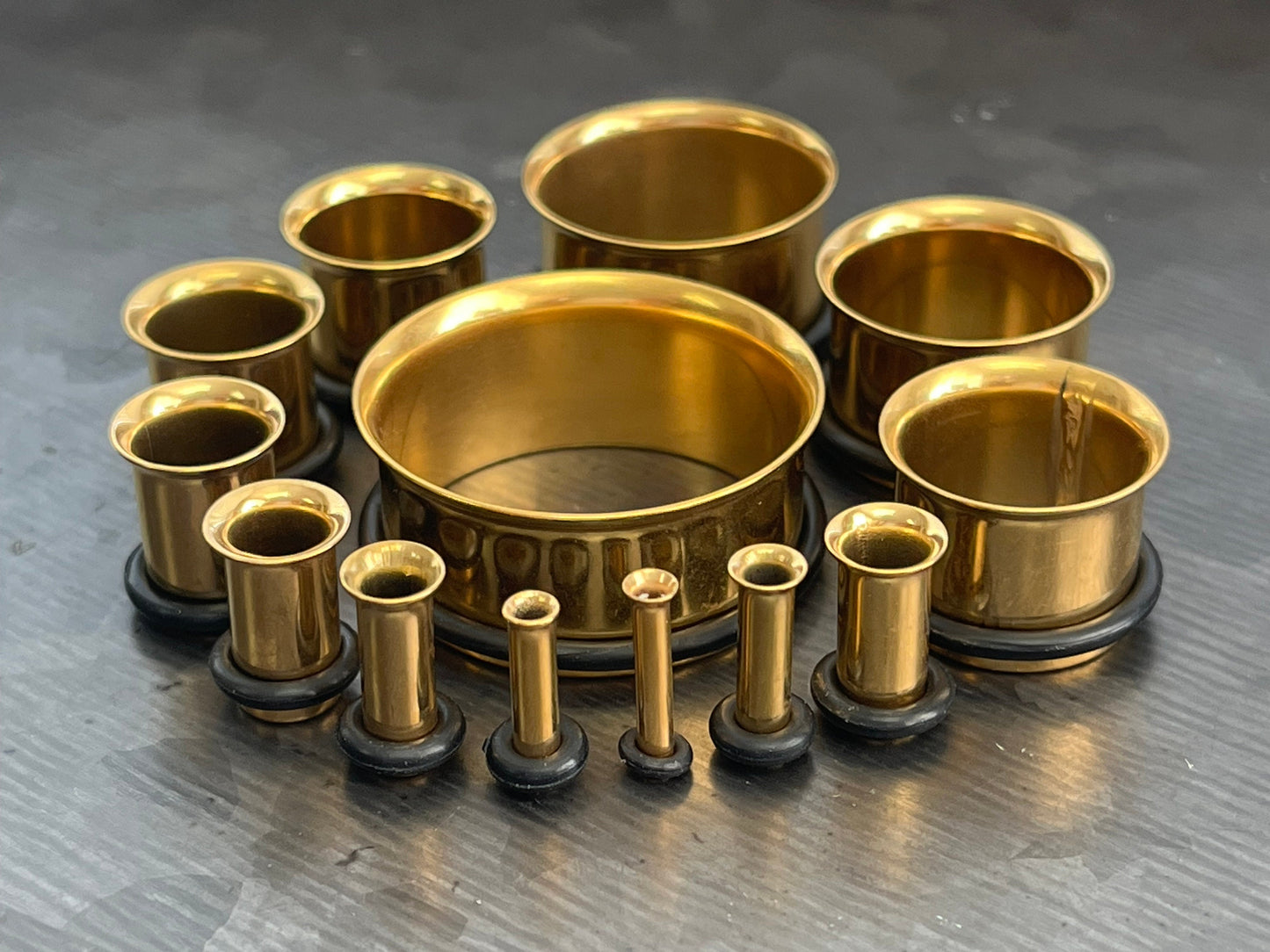 PAIR of Stunning Gold PVD Plated 316L Surgical Steel Single Flare Tunnels/Plugs with O-Rings - Gauges 12g (2mm) thru 1" (25mm) available!