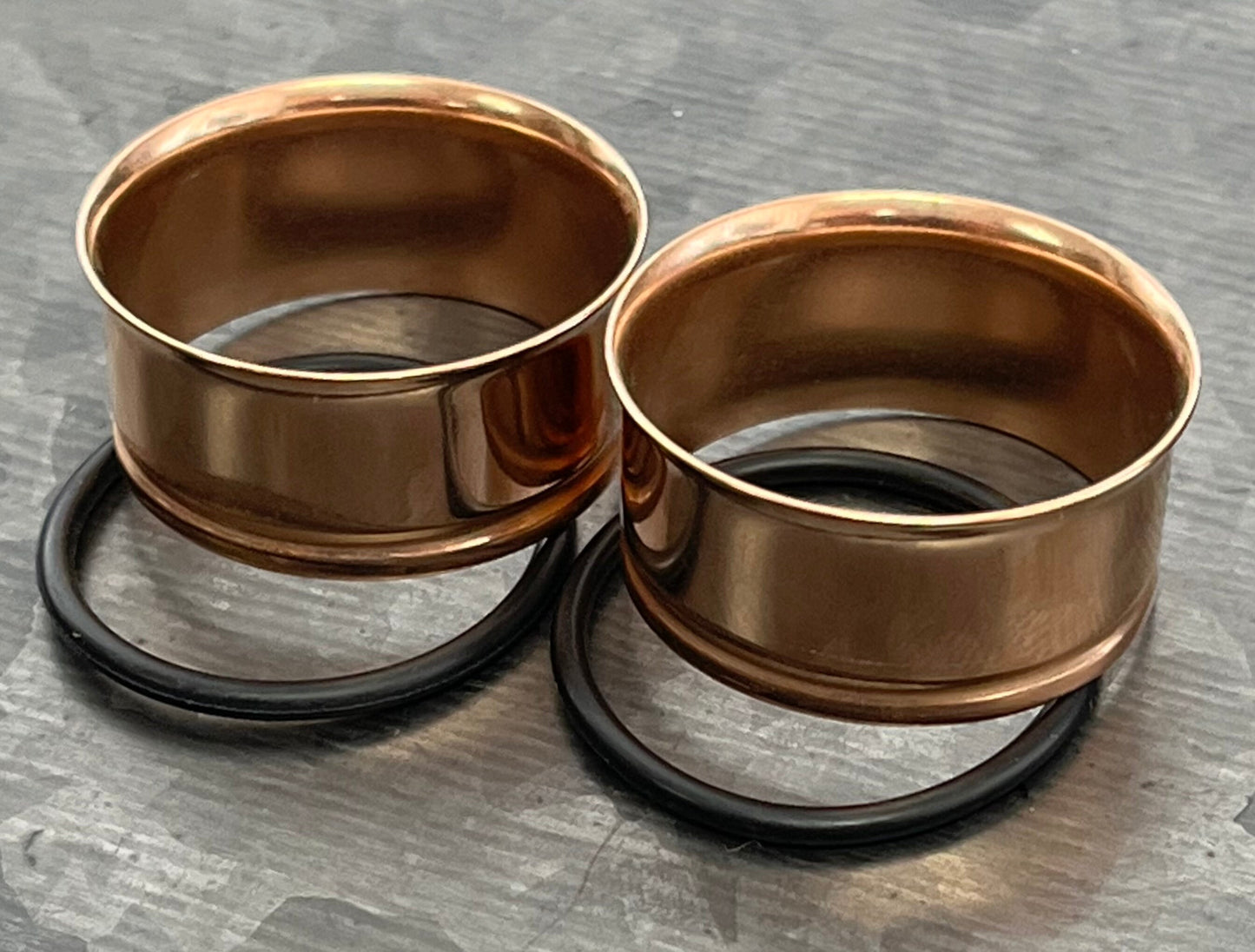 PAIR of Rose Gold PVD Plated 316L Surgical Steel Single Flare Tunnels/Plugs with O-Rings - Gauges 10g (2.5mm) thru 1" (25mm) available!