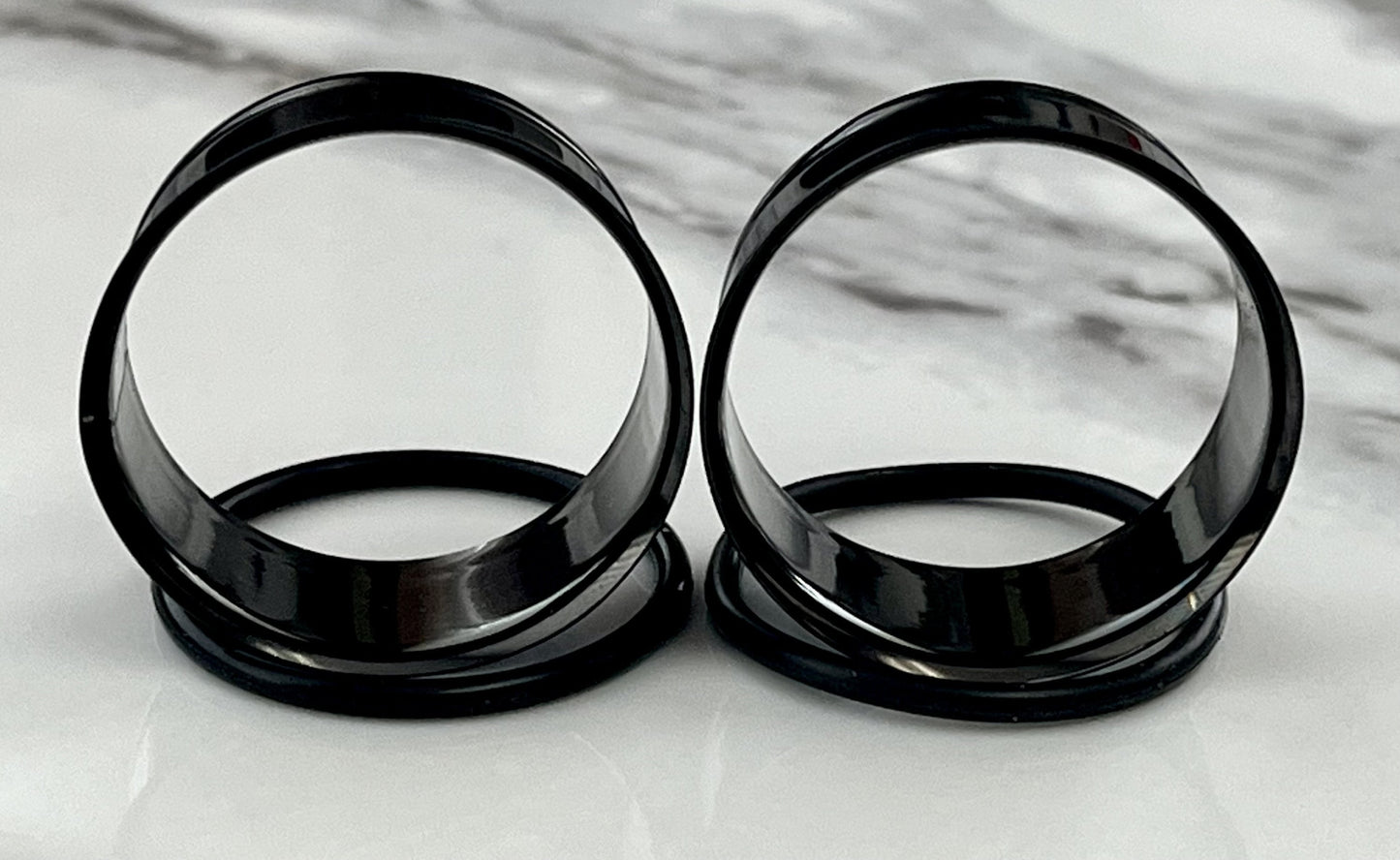 PAIR of Unique Black PVD Plated 316L Surgical Steel Single Flare Tunnels/Plugs with O-Rings - Gauges 10g (2.6mm) thru 1" (25mm) available!
