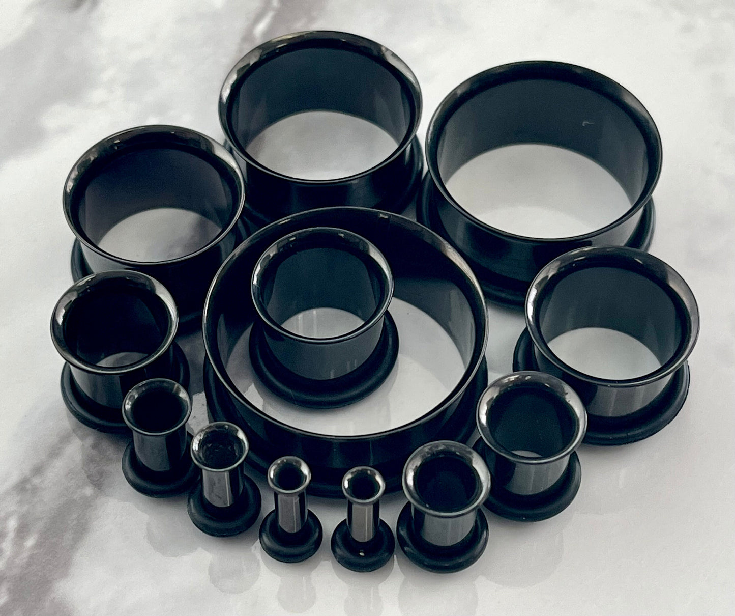 PAIR of Unique Black PVD Plated 316L Surgical Steel Single Flare Tunnels/Plugs with O-Rings - Gauges 10g (2.6mm) thru 1" (25mm) available!