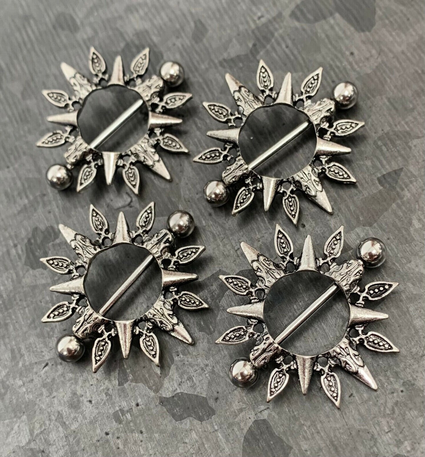 PAIR of Unique Tribal Sunburst Design Steel Nipple Barbell Shields - Barbell 14g, 24mm (1") - Wearable Length: 14mm (9/16")!