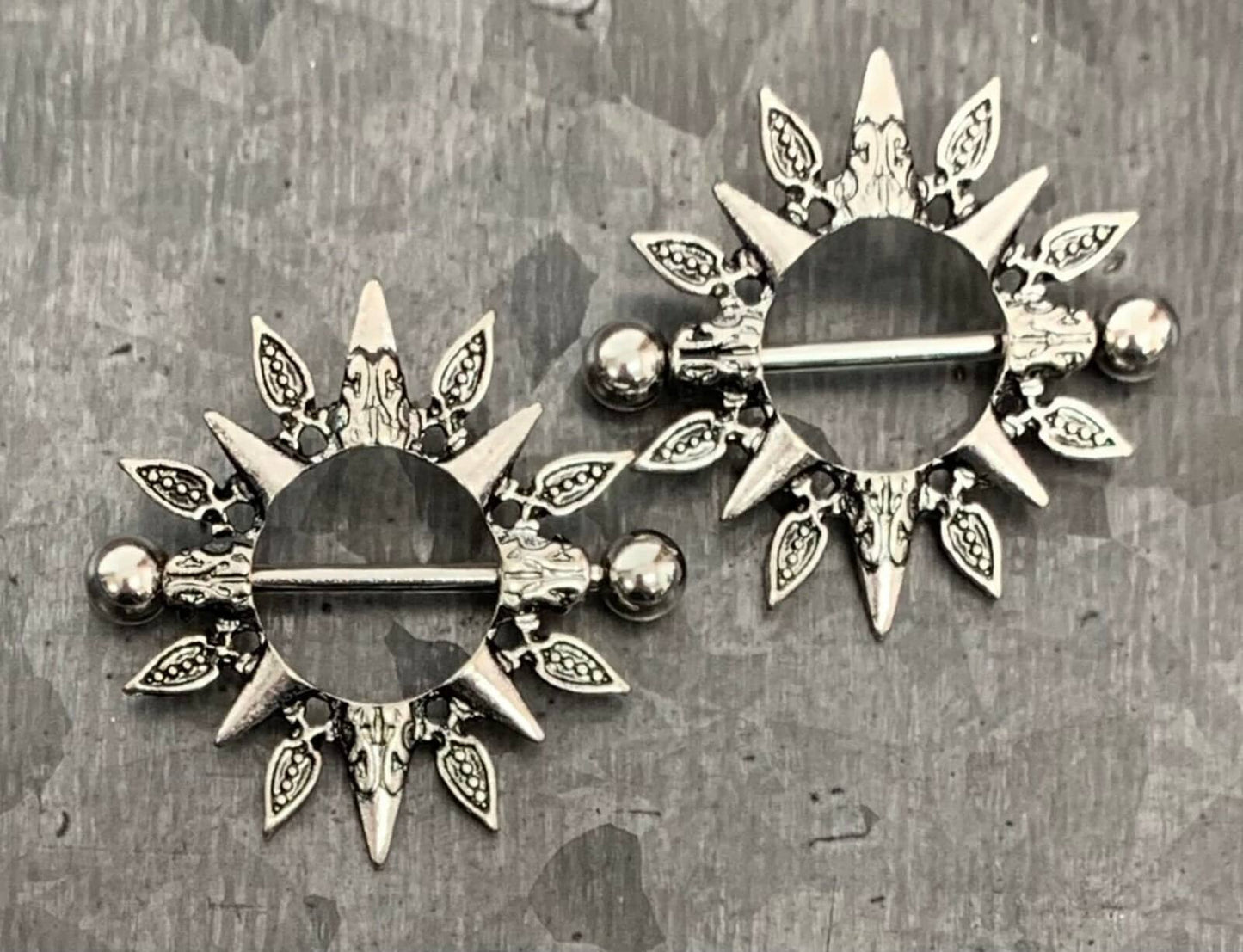 PAIR of Unique Tribal Sunburst Design Steel Nipple Barbell Shields - Barbell 14g, 24mm (1") - Wearable Length: 14mm (9/16")!