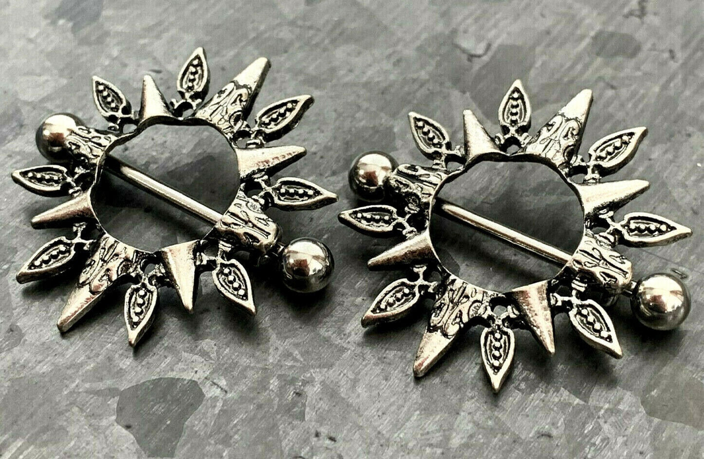 PAIR of Unique Tribal Sunburst Design Steel Nipple Barbell Shields - Barbell 14g, 24mm (1") - Wearable Length: 14mm (9/16")!