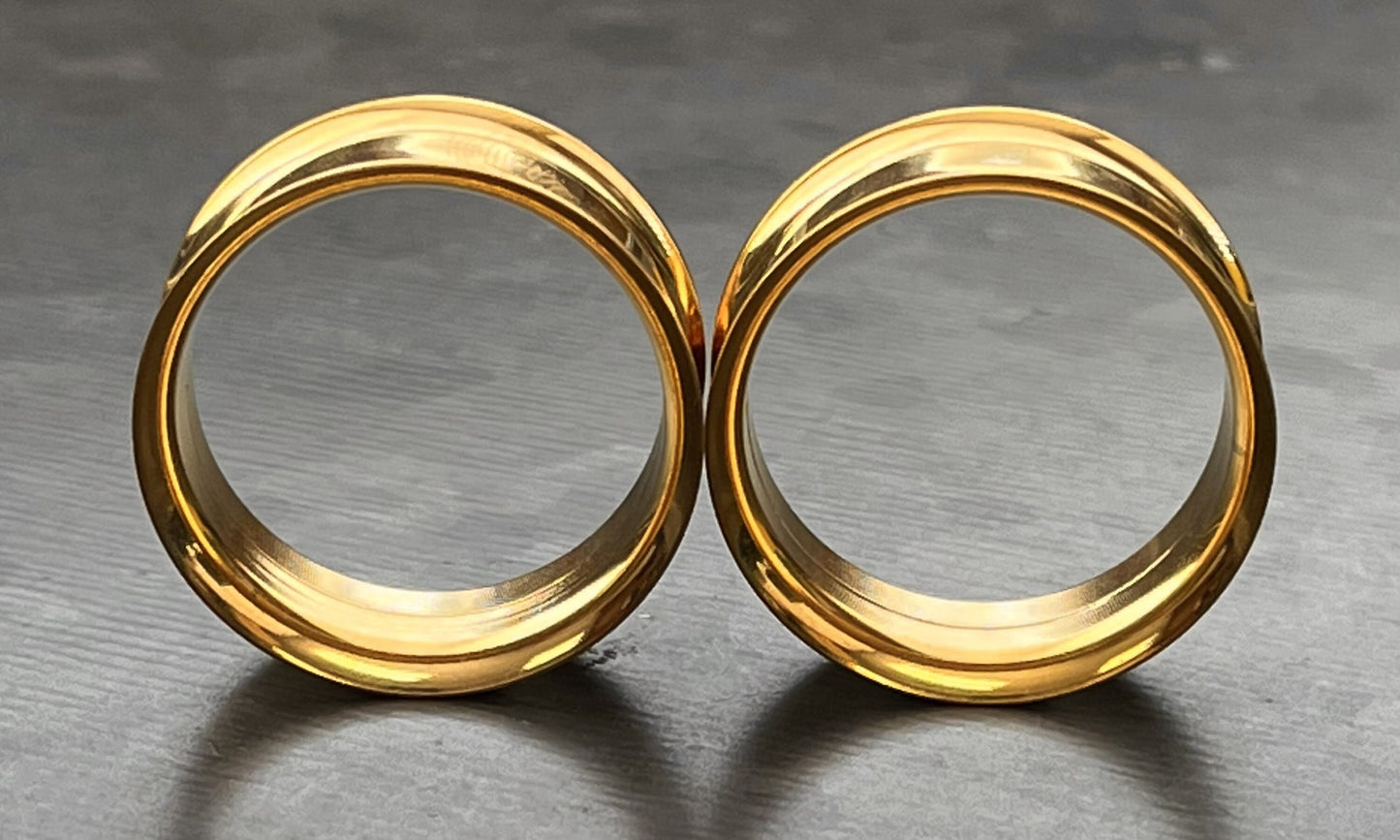 PAIR of Beautiful Gold PVD Plated 316L Surgical Steel Internally Threaded Tunnels/Plugs - Gauges 8g (3.2mm) thru 1" (25mm) available!
