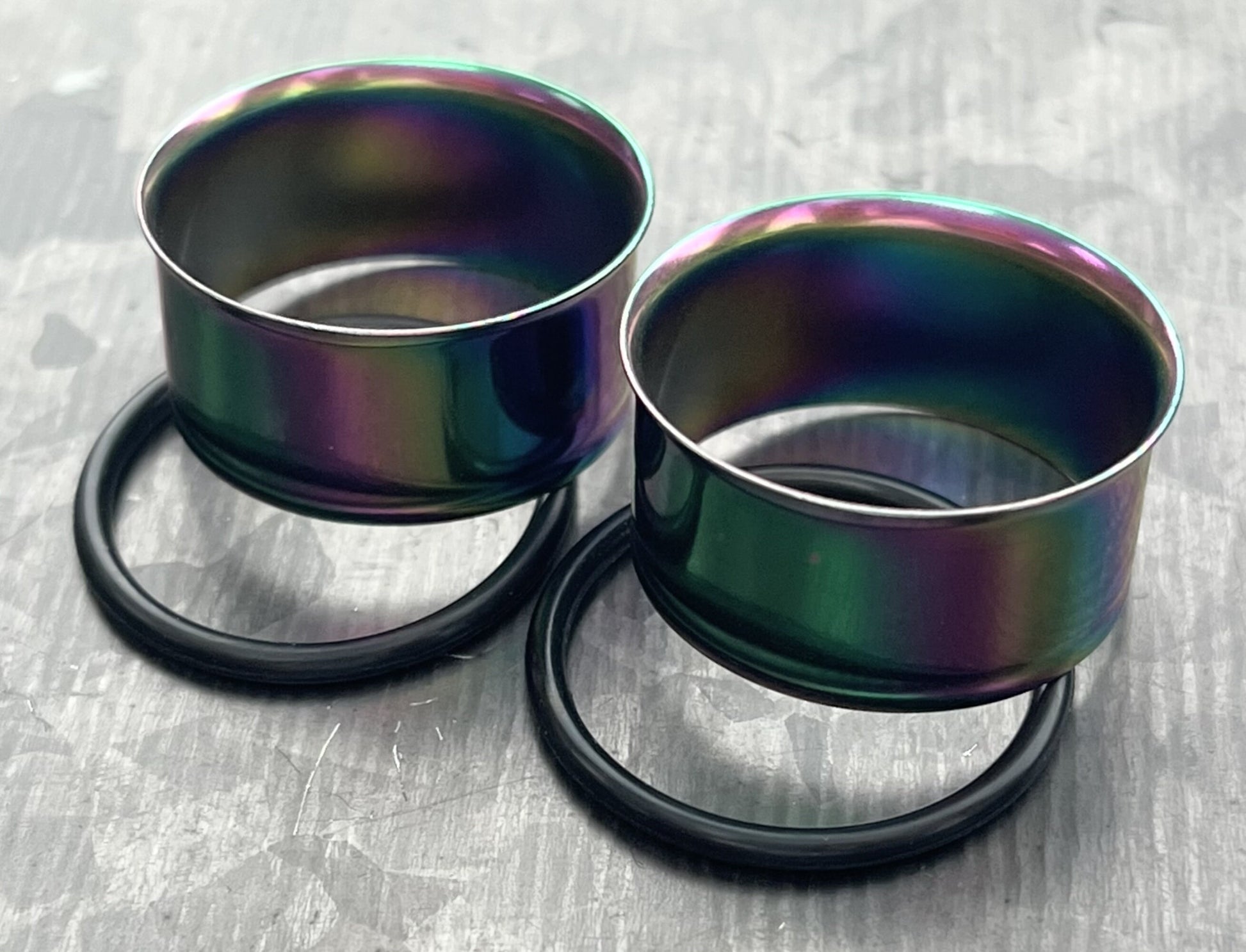 PAIR of Unique Rainbow PVD Plated 316L Surgical Steel Single Flare Tunnels Plugs with O-Rings - Gauges 10g (2.5mm) thru 1" (25mm) available!