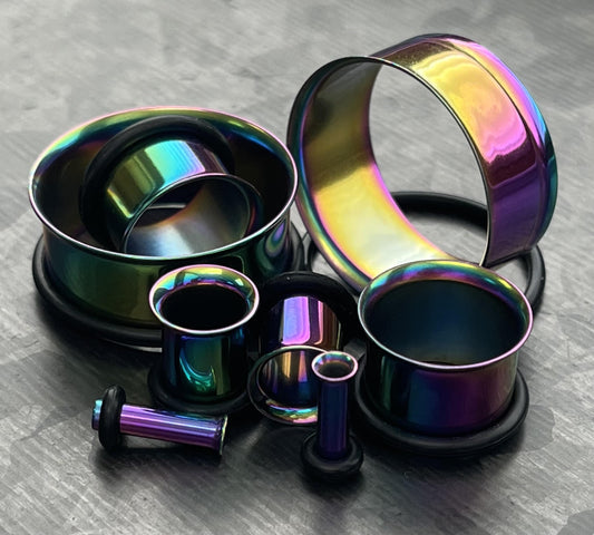 PAIR of Unique Rainbow PVD Plated 316L Surgical Steel Single Flare Tunnels Plugs with O-Rings - Gauges 10g (2.5mm) thru 1" (25mm) available!
