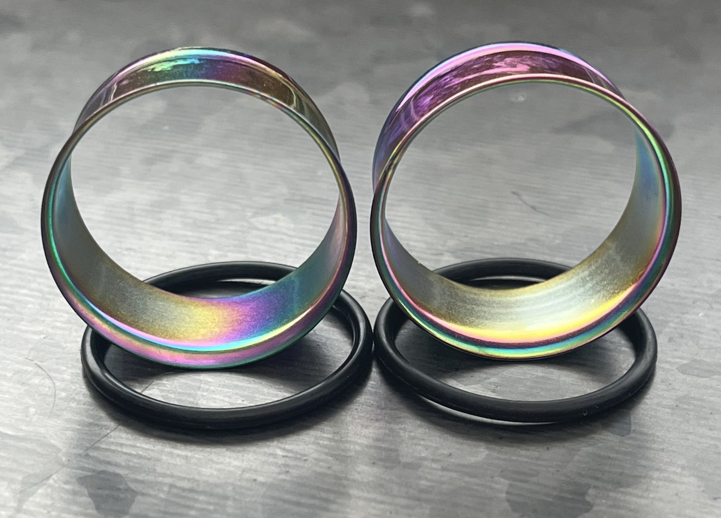 PAIR of Unique Rainbow PVD Plated 316L Surgical Steel Single Flare Tunnels Plugs with O-Rings - Gauges 10g (2.5mm) thru 1" (25mm) available!