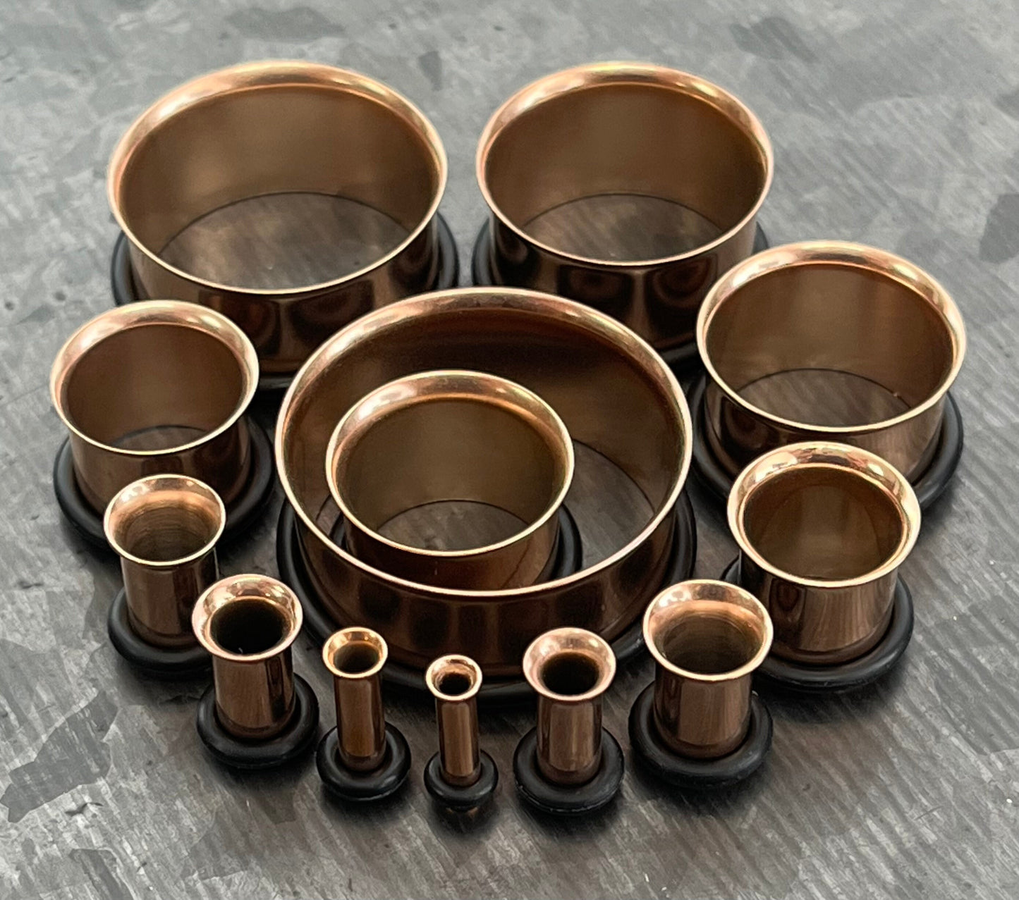 PAIR of Rose Gold PVD Plated 316L Surgical Steel Single Flare Tunnels/Plugs with O-Rings - Gauges 10g (2.5mm) thru 1" (25mm) available!
