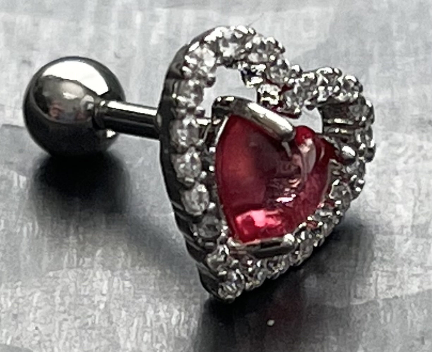 1 Piece Brilliant CZ Gem Lined Pink Heart Steel Tragus/Cartilage Stud - 16g, 6mm Wearable Length, 4mm Ball, 10mm Top Design!