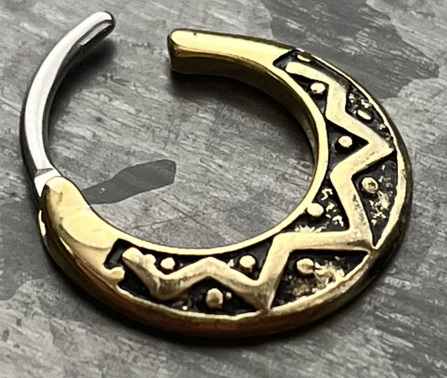 1 Piece Unique Tribal Fan Design Steel Septum Clicker Ring - 16g- 10mm Internal Diameter Available in Steel and Antique Gold!