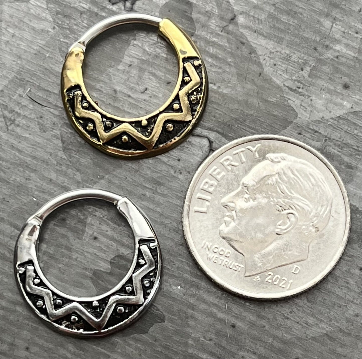 1 Piece Unique Tribal Fan Design Steel Septum Clicker Ring - 16g- 10mm Internal Diameter Available in Steel and Antique Gold!