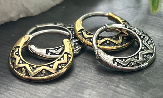 1 Piece Unique Tribal Fan Design Steel Septum Clicker Ring - 16g- 10mm Internal Diameter Available in Steel and Antique Gold!