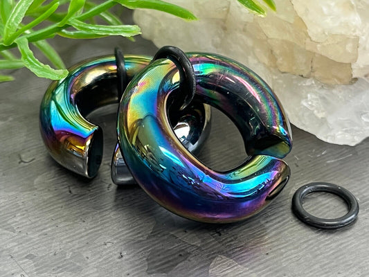 PAIR of Stunning Black Lucifer Glass Hoop Plugs/Tapers Hangers - 7.5mm thru 10.5mm Available!