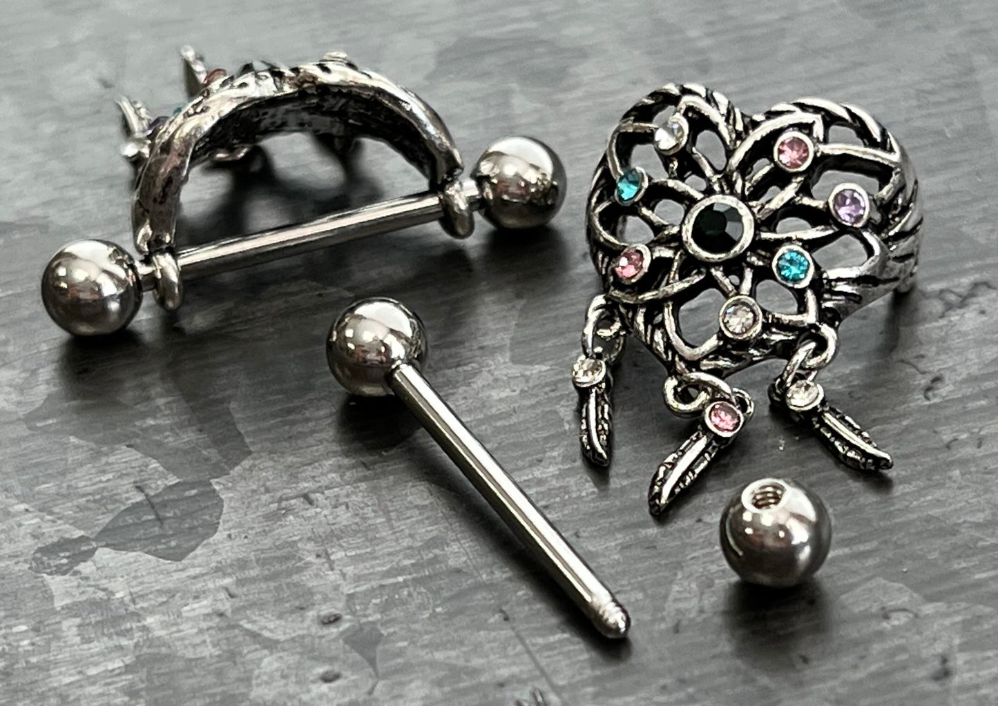 PAIR of Unique Gemmed Dream Catcher Steel Nipple Barbells/Shields/Rings - Barbell 14g, 3/4" (19mm), Wearable length 14mm (916")!