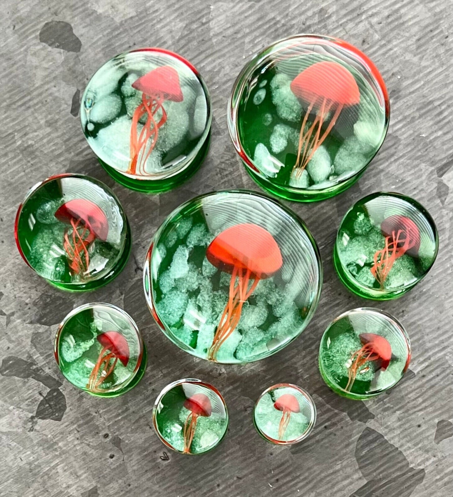 PAIR of Unique Glow in the Dark Floating Red & Green Jellyfish Pyrex Glass Double Flare Plugs - Gauges 0g (8mm) through 1" (25mm) available!