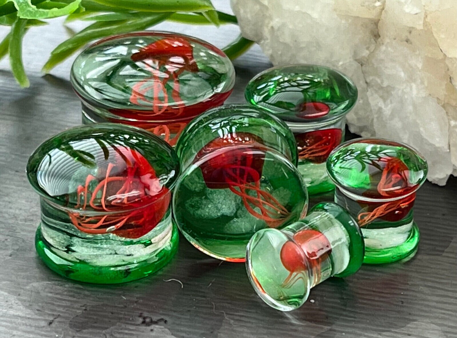 PAIR of Unique Glow in the Dark Floating Red & Green Jellyfish Pyrex Glass Double Flare Plugs - Gauges 0g (8mm) through 1" (25mm) available!